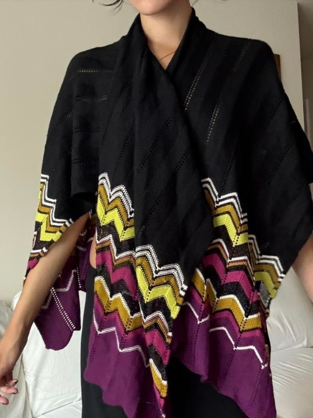 Missoni Black Knit Wrap with Subtle Purple Trim Scarf